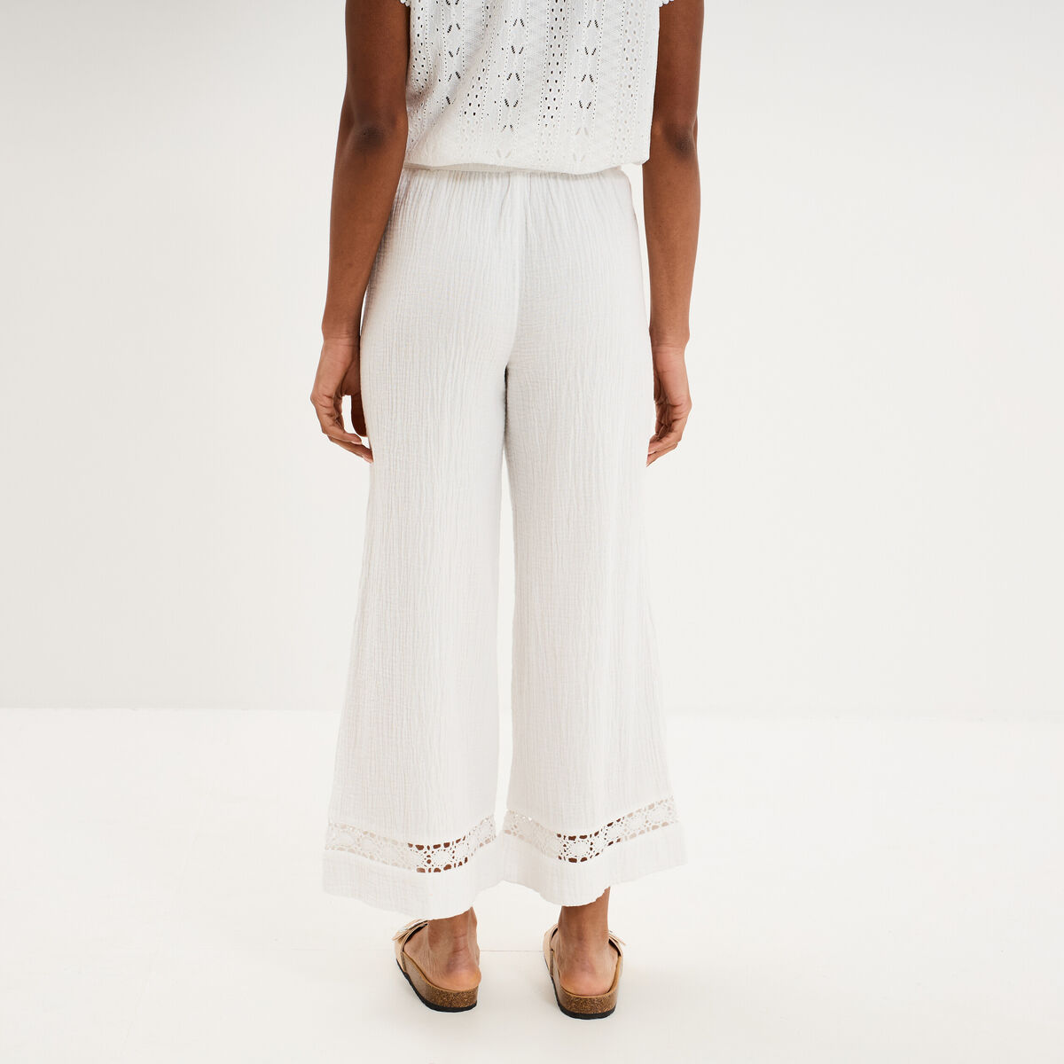 Pantalon large &eacute;lastiqu&eacute;e gaze coton blanc femme