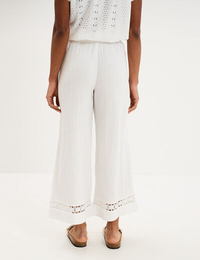 Pantalon large &eacute;lastiqu&eacute;e gaze coton blanc femme