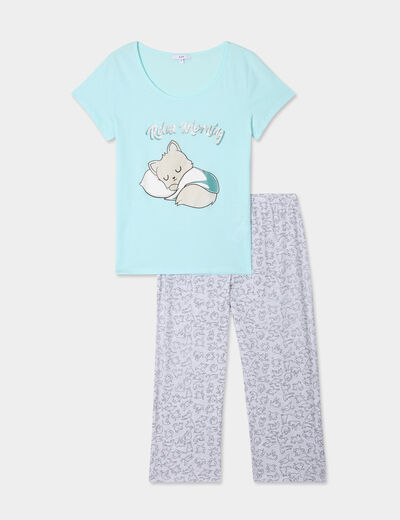 Ensemble pyjama corsaire 2 pièces coton bleu turquoise femme