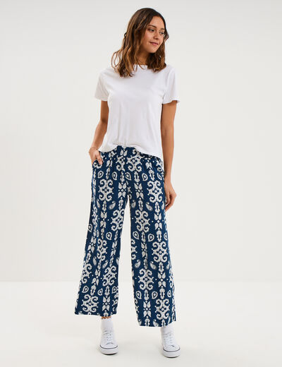 Pantalon fluide large taille &eacute;lastiqu&eacute;e bleu marine femme