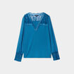 Blouse col en V détails dentelle bleu foncé femme