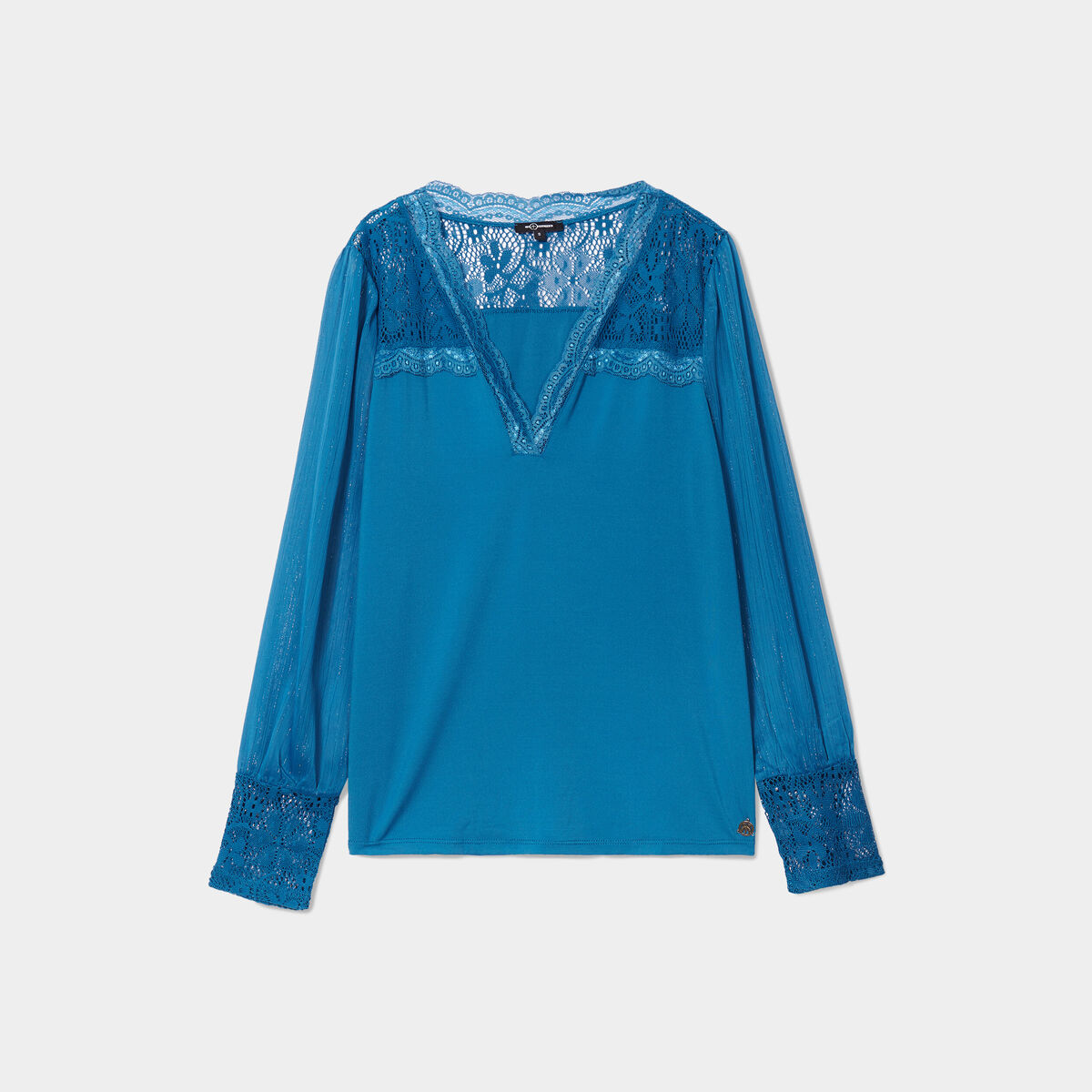Blouse col en V détails dentelle bleu foncé femme