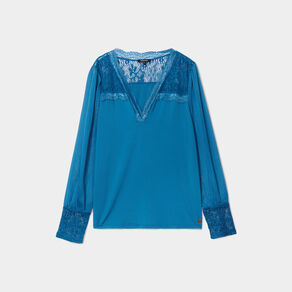 Blouse col en V détails dentelle bleu foncé femme