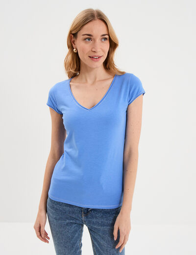 T-shirt col V ajust&eacute; manches courtes bleu electrique femme