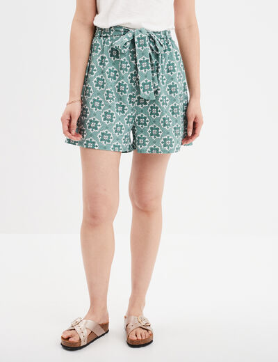 Short fluide taille élastiquée ceinturée vert femme