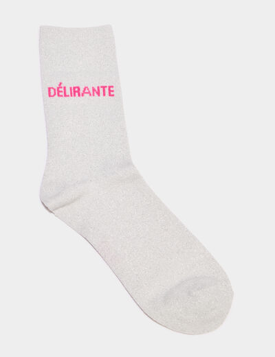 Chaussettes &agrave; fils m&eacute;tallis&eacute;s mi-hautes gris argent femme