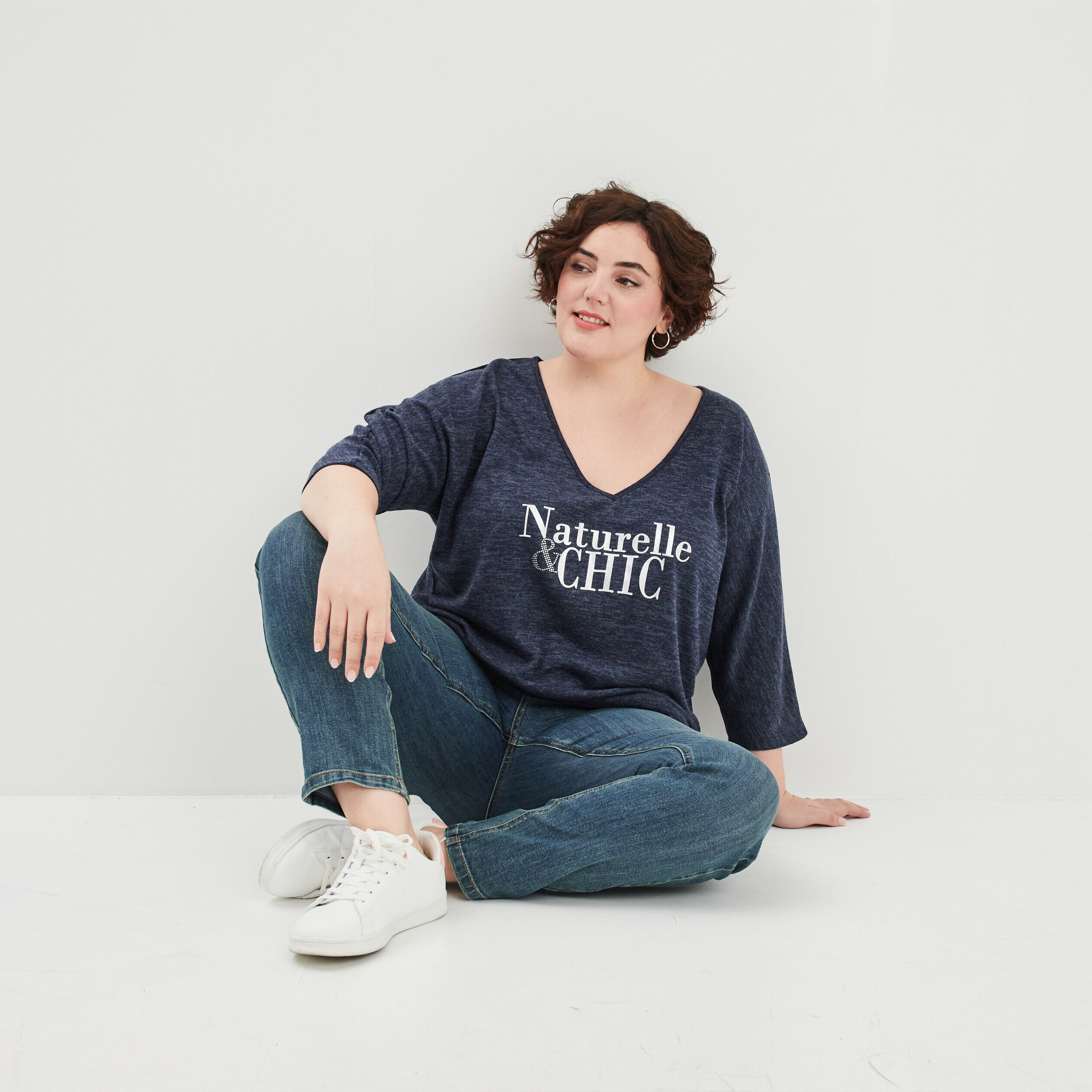 Pull manches chauve-souris à strass bleu marine femme grande taille MODAVISTA
