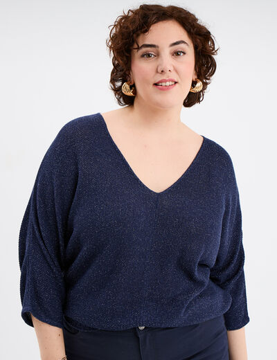 Pull manches 3/4 col en V bleu foncé femme grande taille