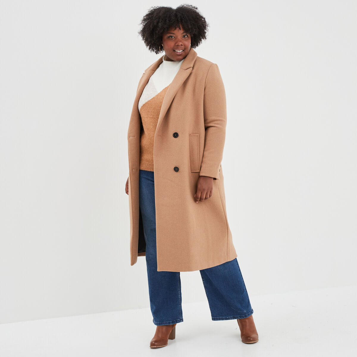 Manteau long double boutonnage taupe femme grande taille