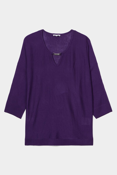 Pull manches chauve-souris détail bijou violet femme grande taille