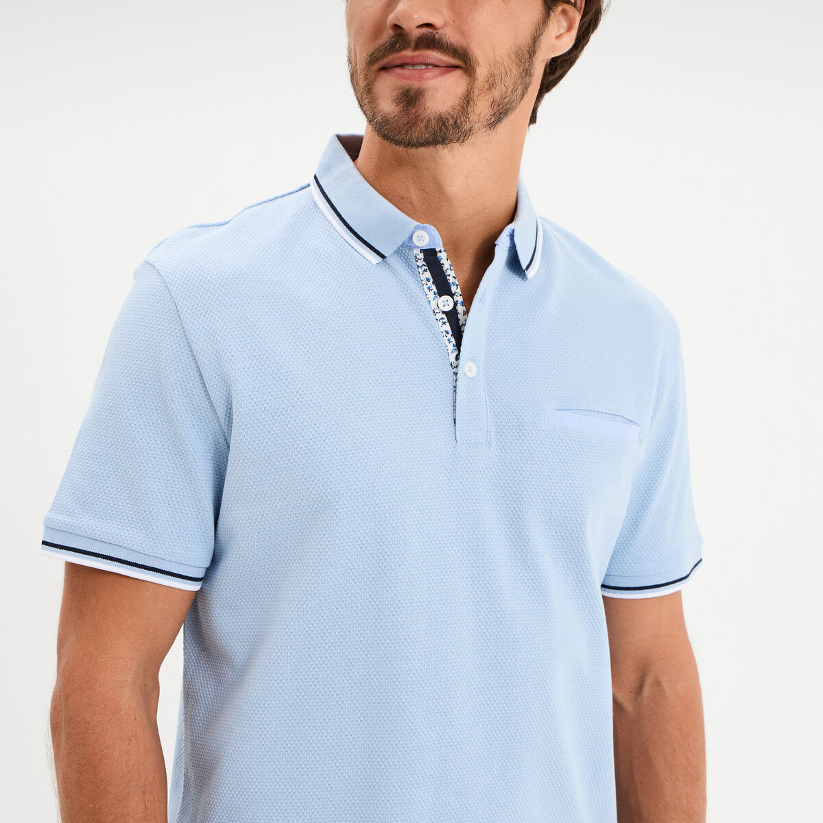 Polo piqu&eacute; manches courtes coton bleu ciel homme