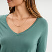 T-shirt col en V manches longues coton vert fonc&eacute; femme