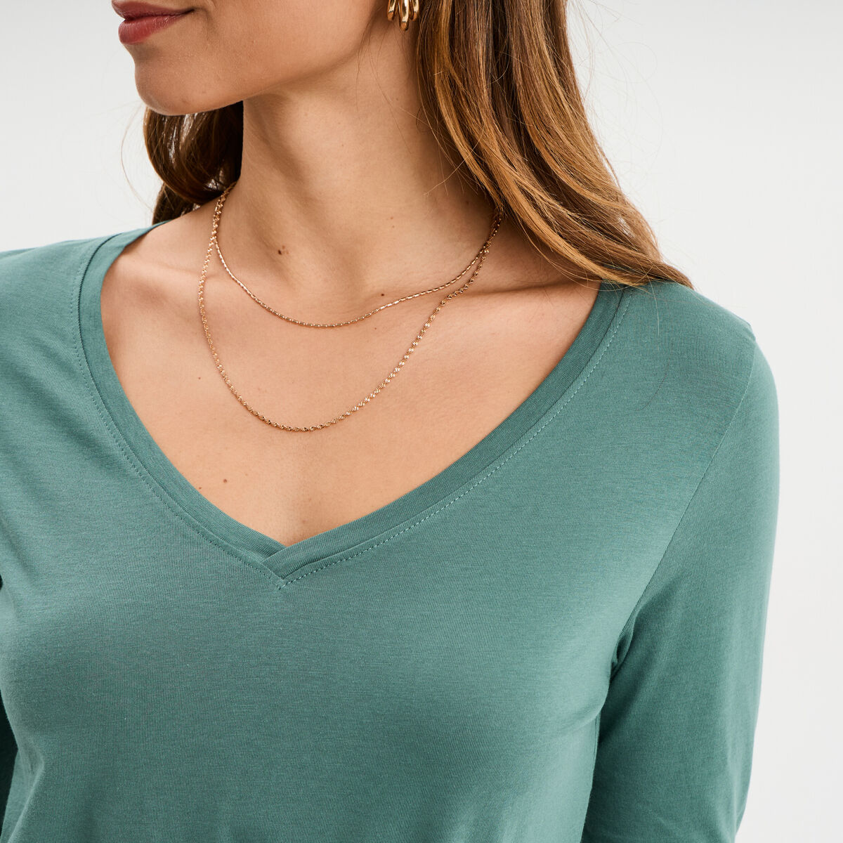 T-shirt col en V manches longues coton vert fonc&eacute; femme