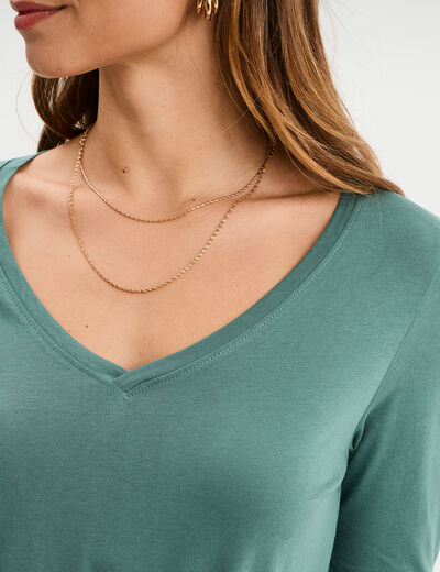 T-shirt col en V manches longues coton vert foncé femme