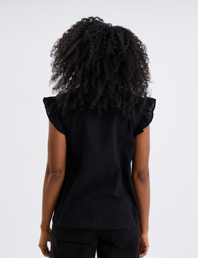 Blouse brod&eacute;e &agrave; volants coton noir femme