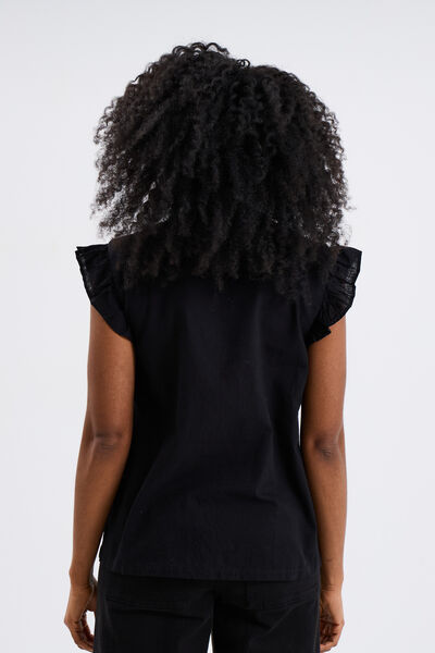 Blouse brod&eacute;e &agrave; volants coton noir femme