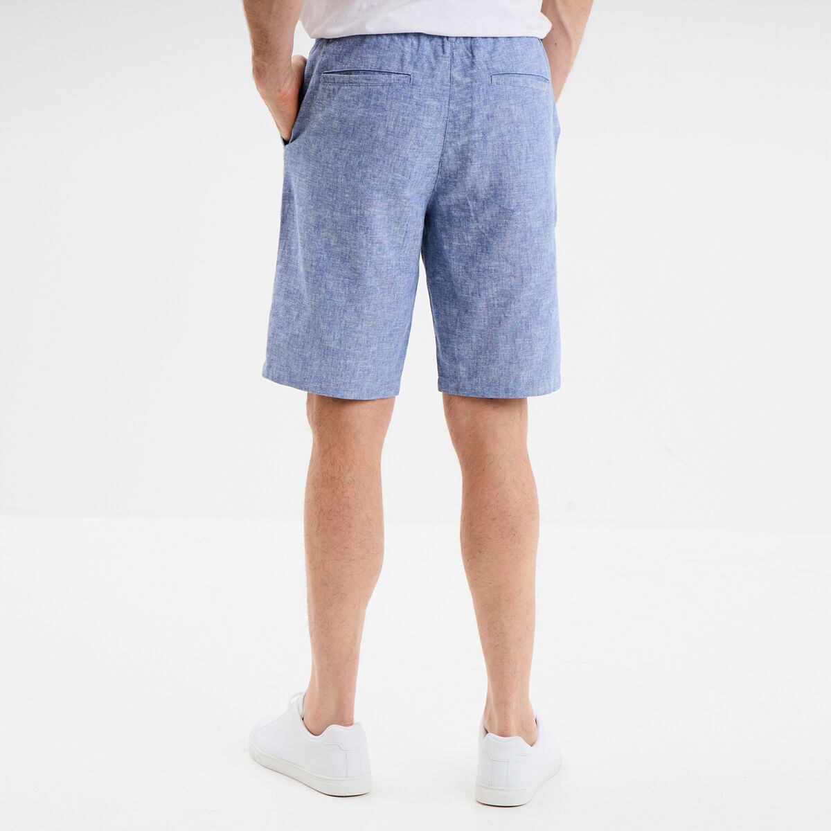 Bermuda chino &agrave; coulisse lin m&eacute;lang&eacute; bleu homme