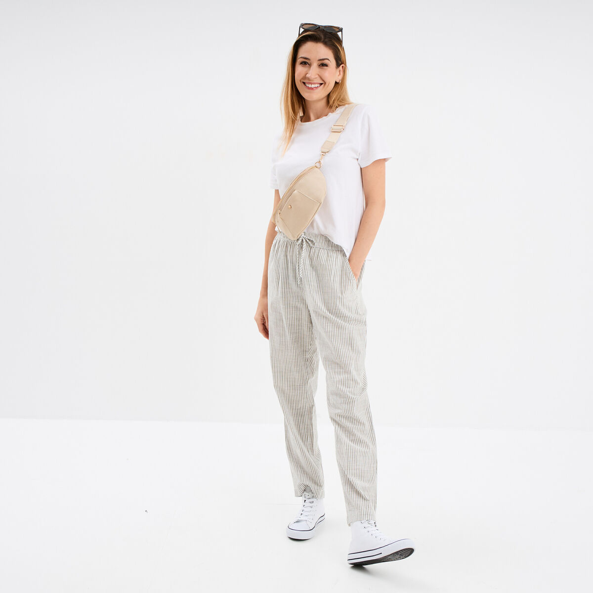 Pantalon cigarette coton élastiqué blanc femme