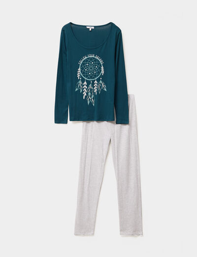 Ensemble pyjama pantalon 2 pi&egrave;ces coton bleu canard femme