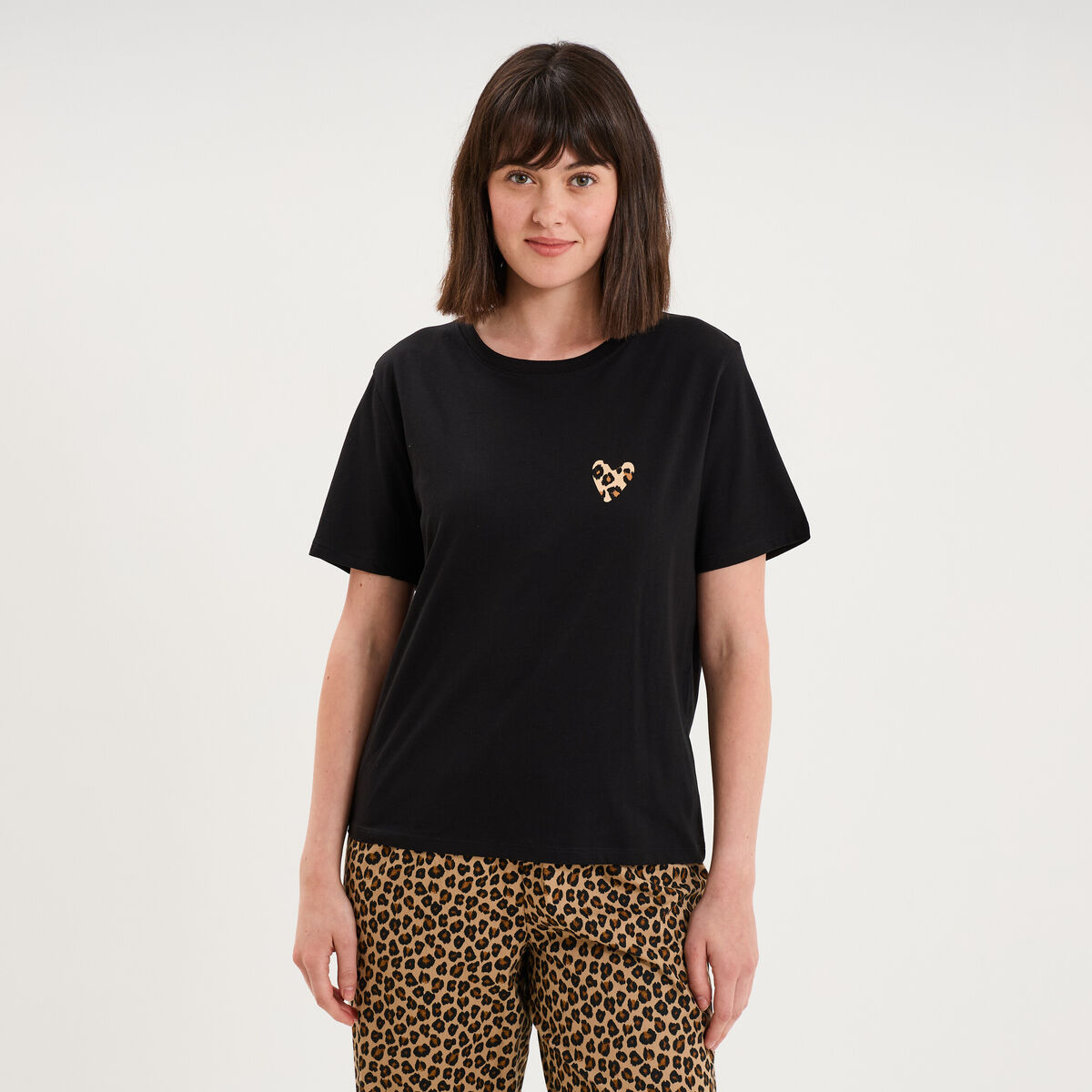 T-shirt col rond manches courtes coton noir femme