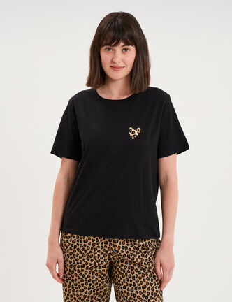 T-shirt col rond manches courtes coton noir femme