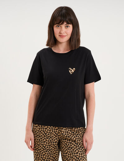 T-shirt col rond manches courtes coton noir femme
