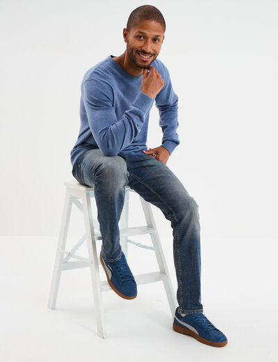Pull droit col rond coton m&eacute;lang&eacute; bleu fonc&eacute; homme