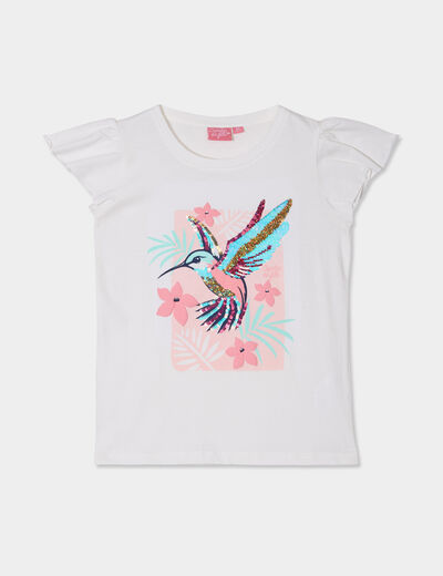 T-shirt sequins manches courtes coton ivoire fille