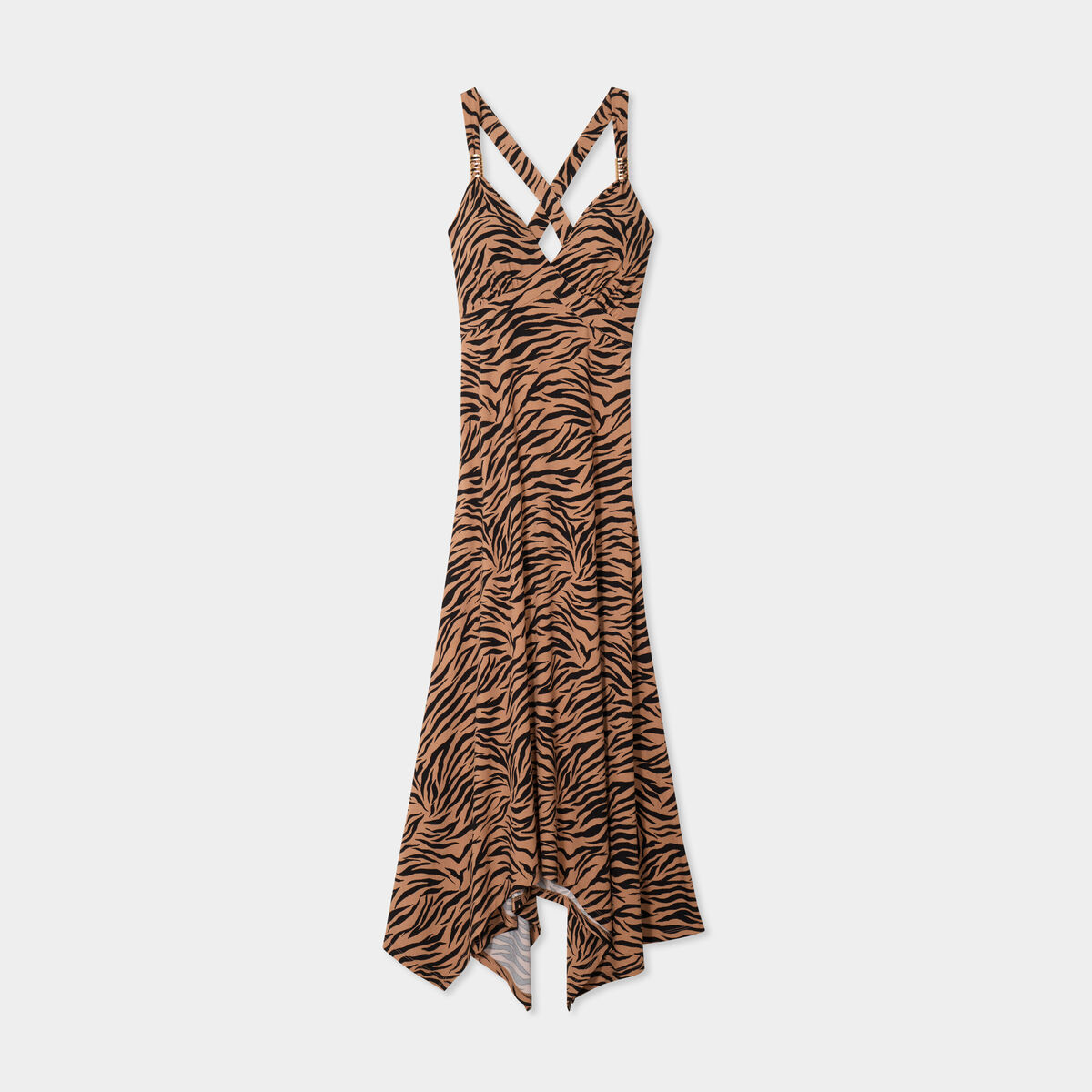 Robe longue évasée asymétrique camel femme
