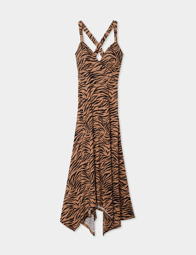 Robe longue évasée asymétrique camel femme