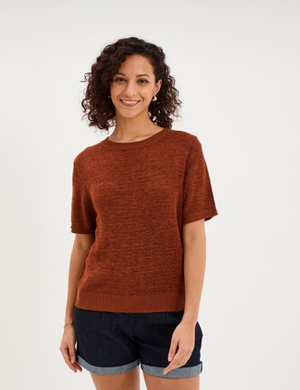 Pull manches courtes col rond camel femme