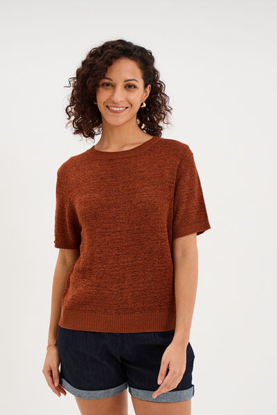 Pull manches courtes col rond camel femme