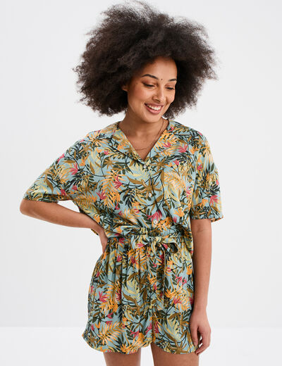 Chemise col cubain manches courtes vert émeraude femme