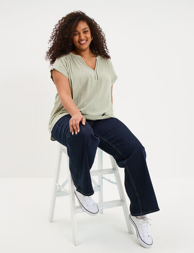 Blouse col en V manches courtes vert kaki femme grande taille
