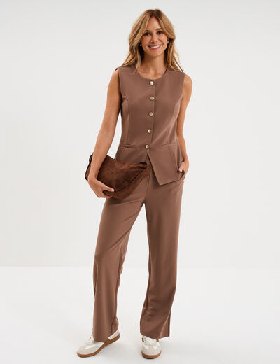 Pantalon droit &agrave; pont taille &eacute;lastiqu&eacute;e marron clair femme