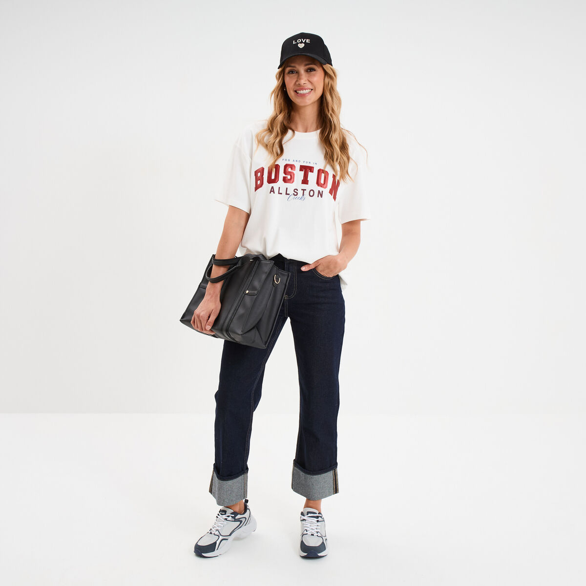 Jeans droit taille haute revers 7/8ème denim brut femme