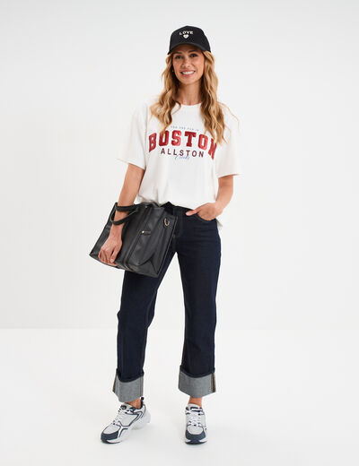 Jeans droit taille haute revers 7/8ème denim brut femme