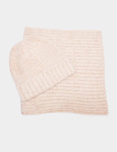 Ensemble écharpe bonnet maille duveteuse sable femme