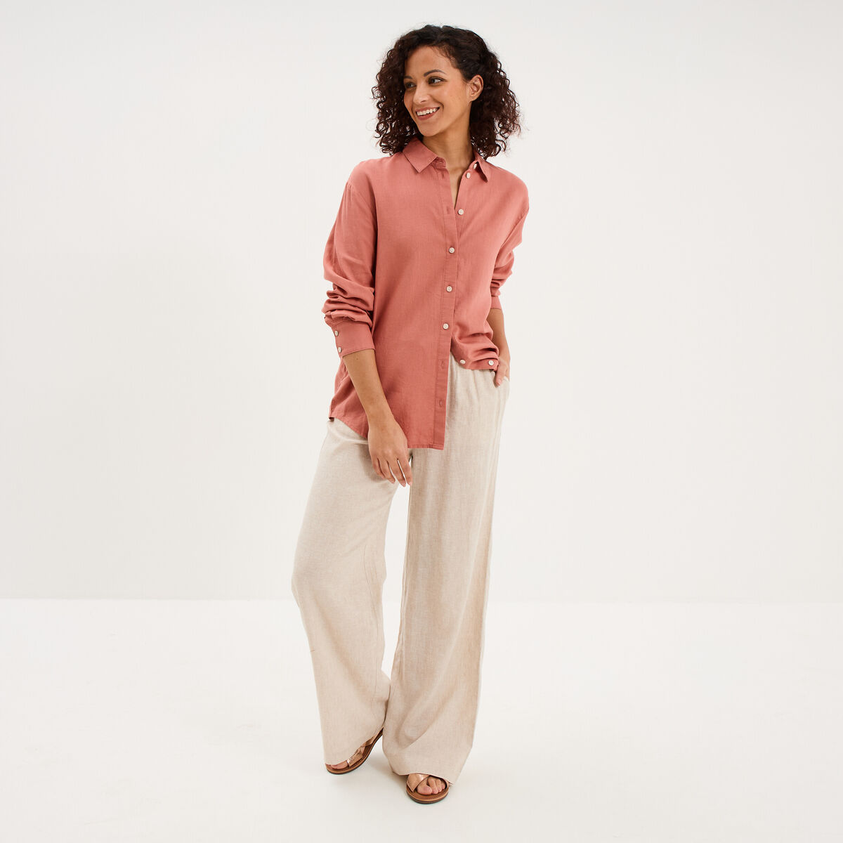 Chemise oversize lin m&eacute;lang&eacute; terracotta femme
