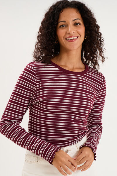 T-shirt ajust&eacute; col rond manches longues bordeaux femme