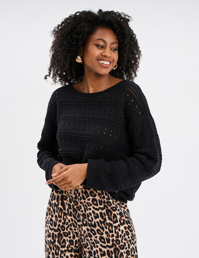 Pull ajouré noeud au dos noir femme