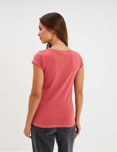 T-shirt col V ajust&eacute; manches courtes vieux rose femme