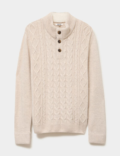 Pull col montant boutonn&eacute; et torsades ecru homme