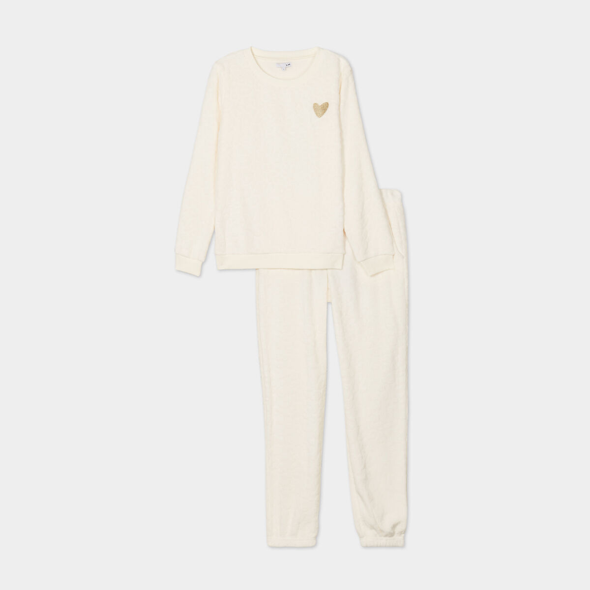 Ensemble pyjama effet polaire col rond blanc femme