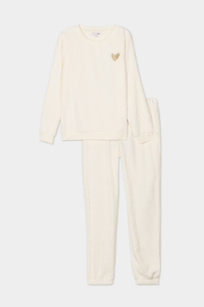 Ensemble pyjama effet polaire col rond blanc femme