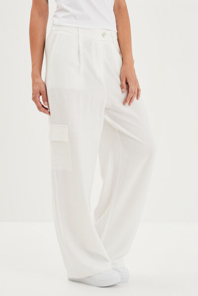 Pantalon cargo large fluide ivoire femme