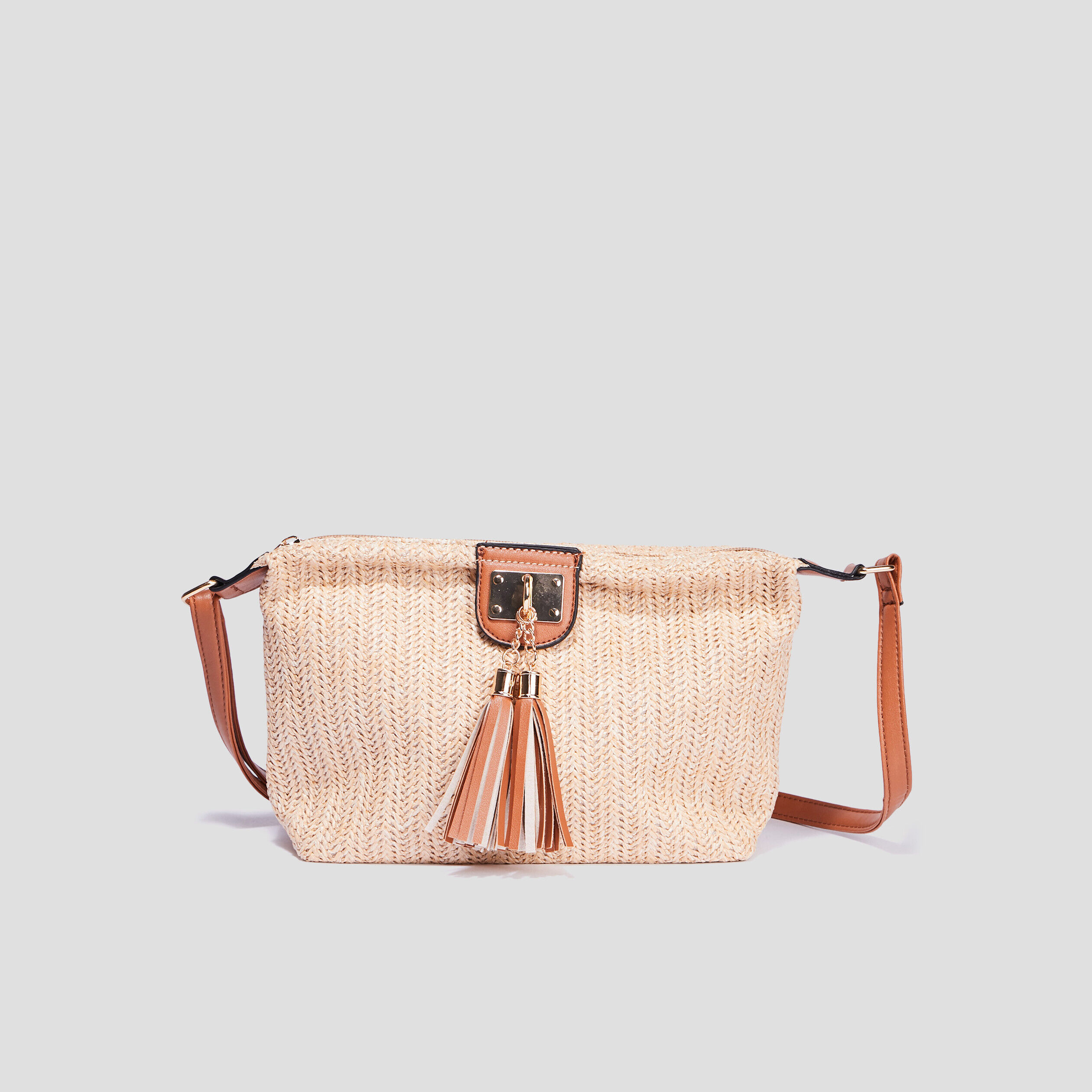 Sac bandoulière aspect tressé marron cognac femme LH