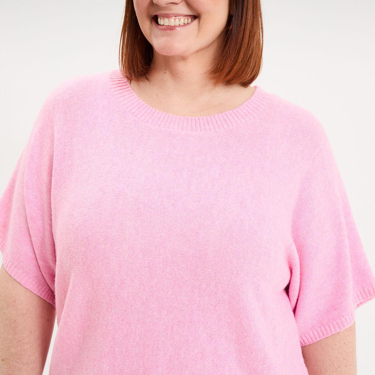 Pull manches courtes col rond rose femme grande taille