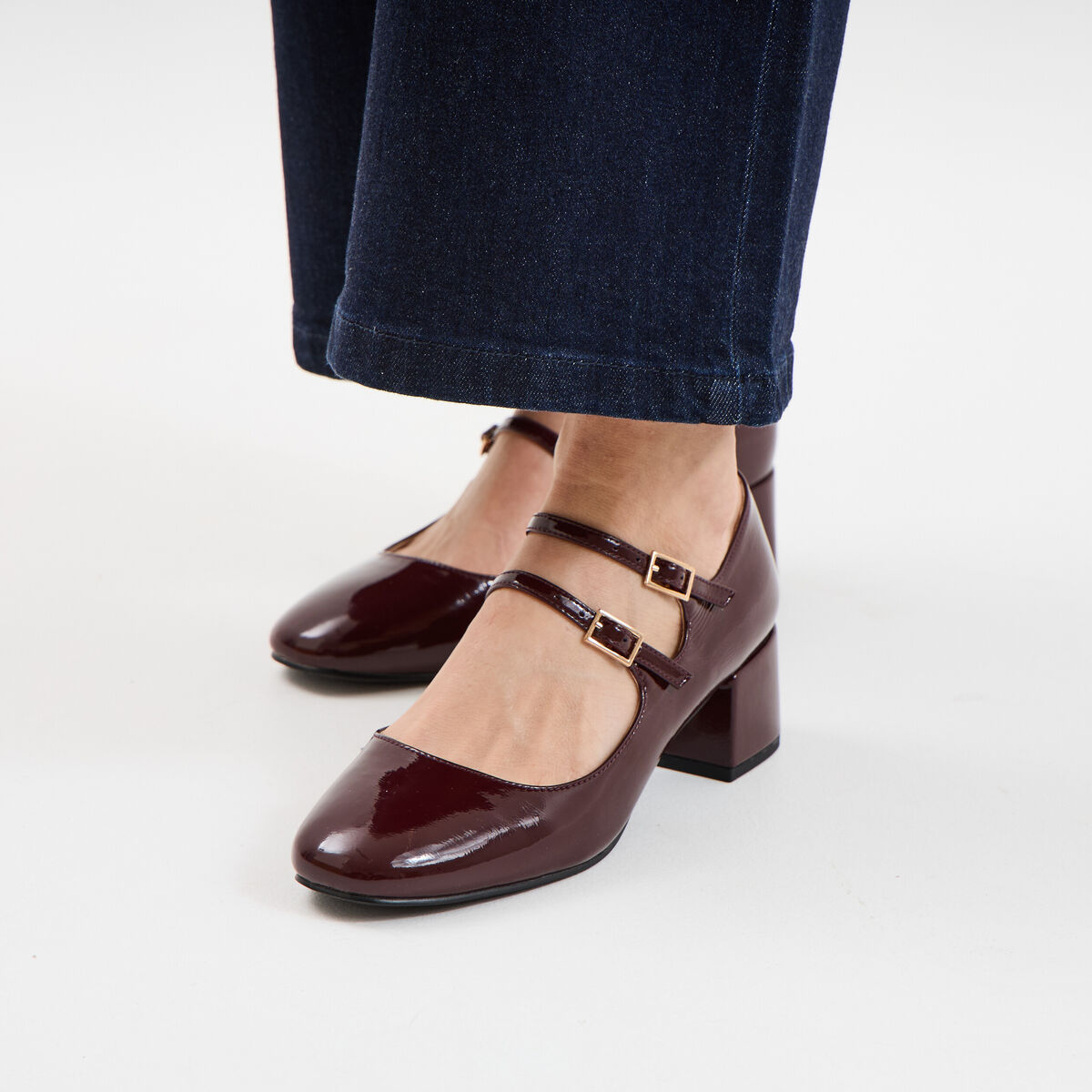 Babies vernies &agrave; talons carr&eacute;s bordeaux femme
