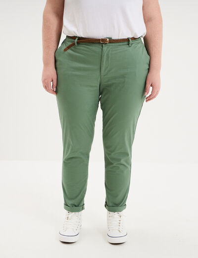 Pantalon chino taille haute coton vert kaki femme grande taille